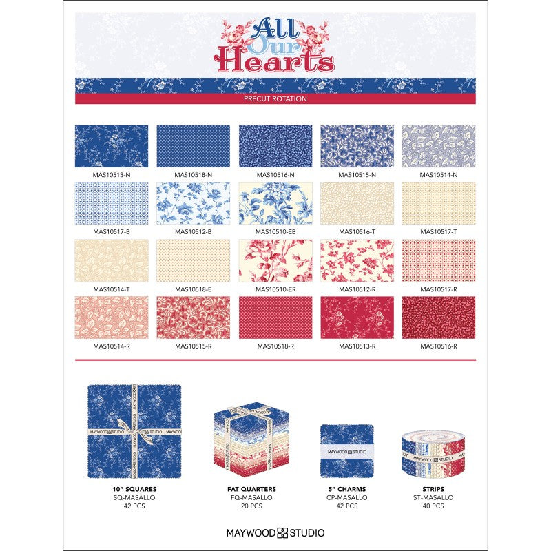 Precut Fabric Fat Quarters - All Our Hearts by Maywood Studio - 20 Different Fabrics