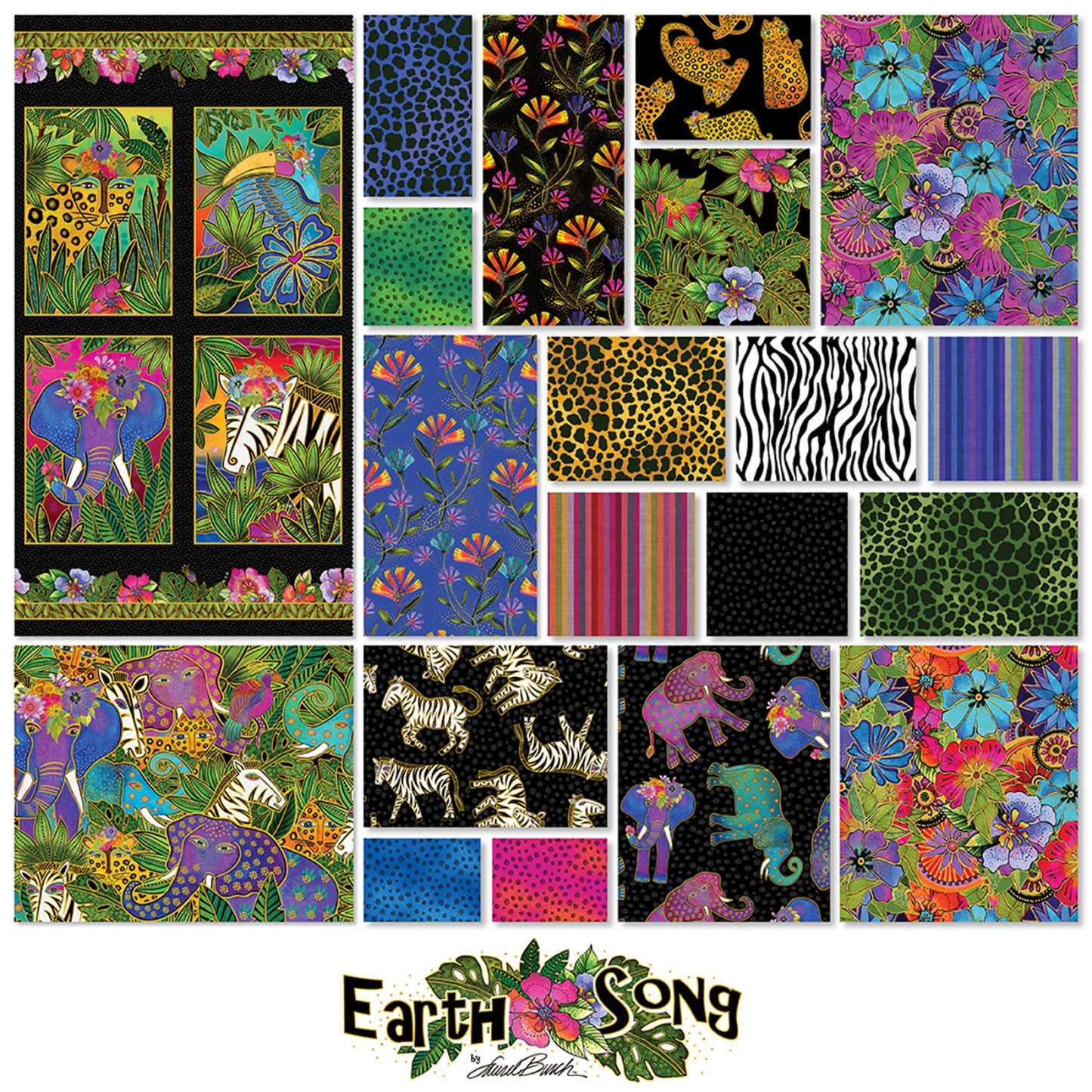 Precut Fabric Fat Quarters - Earth Song by Laurel Burch for Clothworks - 20 Different Fabrics