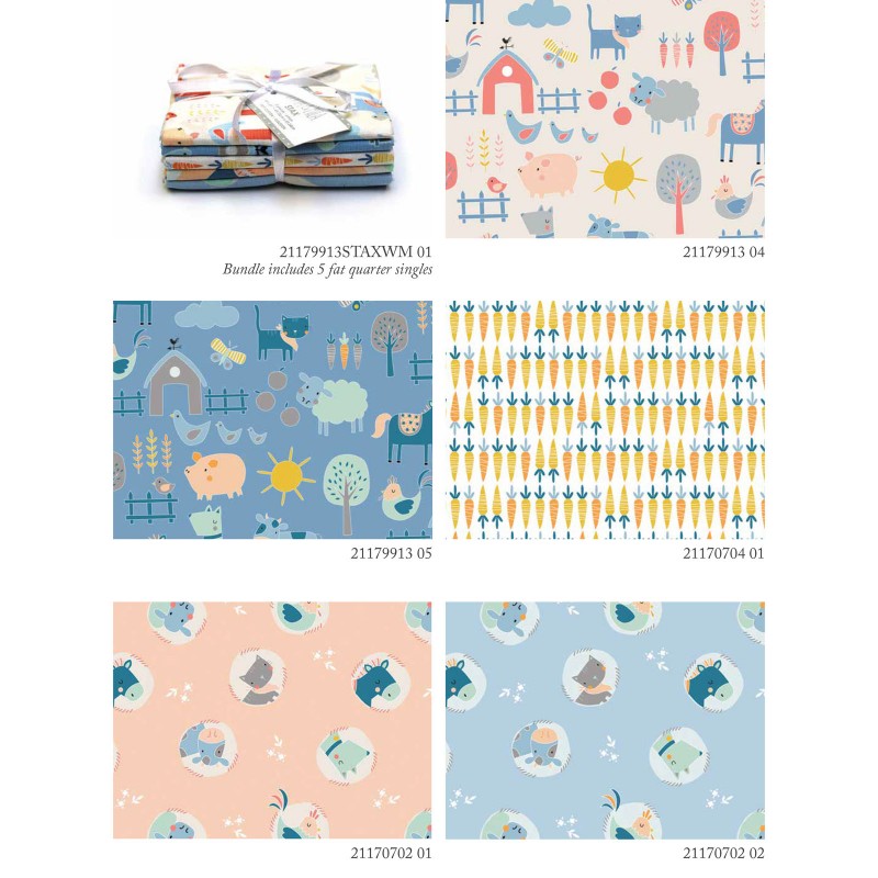 5 Fabric Fat Quarter Bundle - Cluck Moo Oink by Emma and Mila