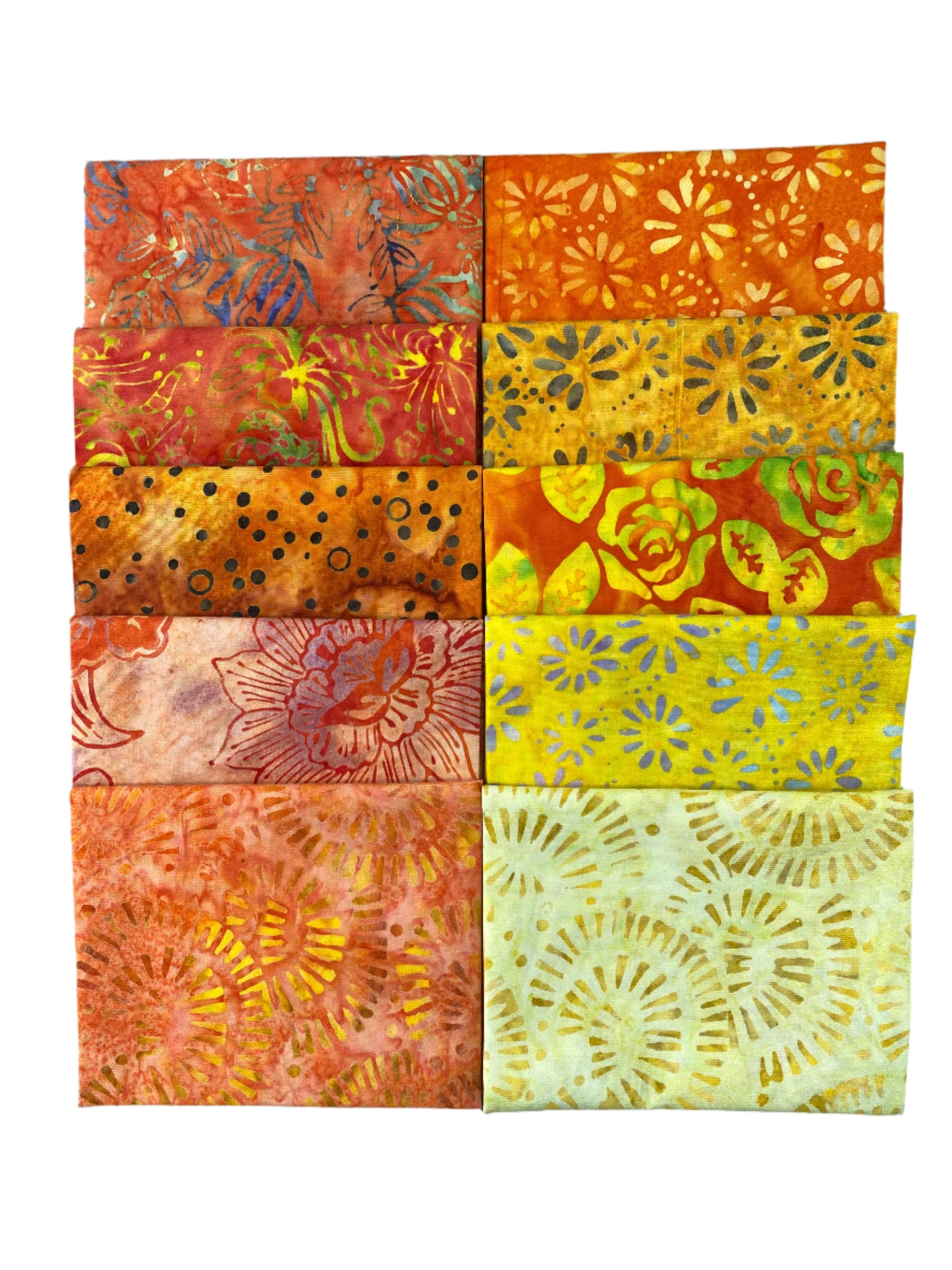 10 Fabric Fat Quarter Bundle Bali Blenders Orange and Yellow Triple Dyed Bali Batiks by Benartex