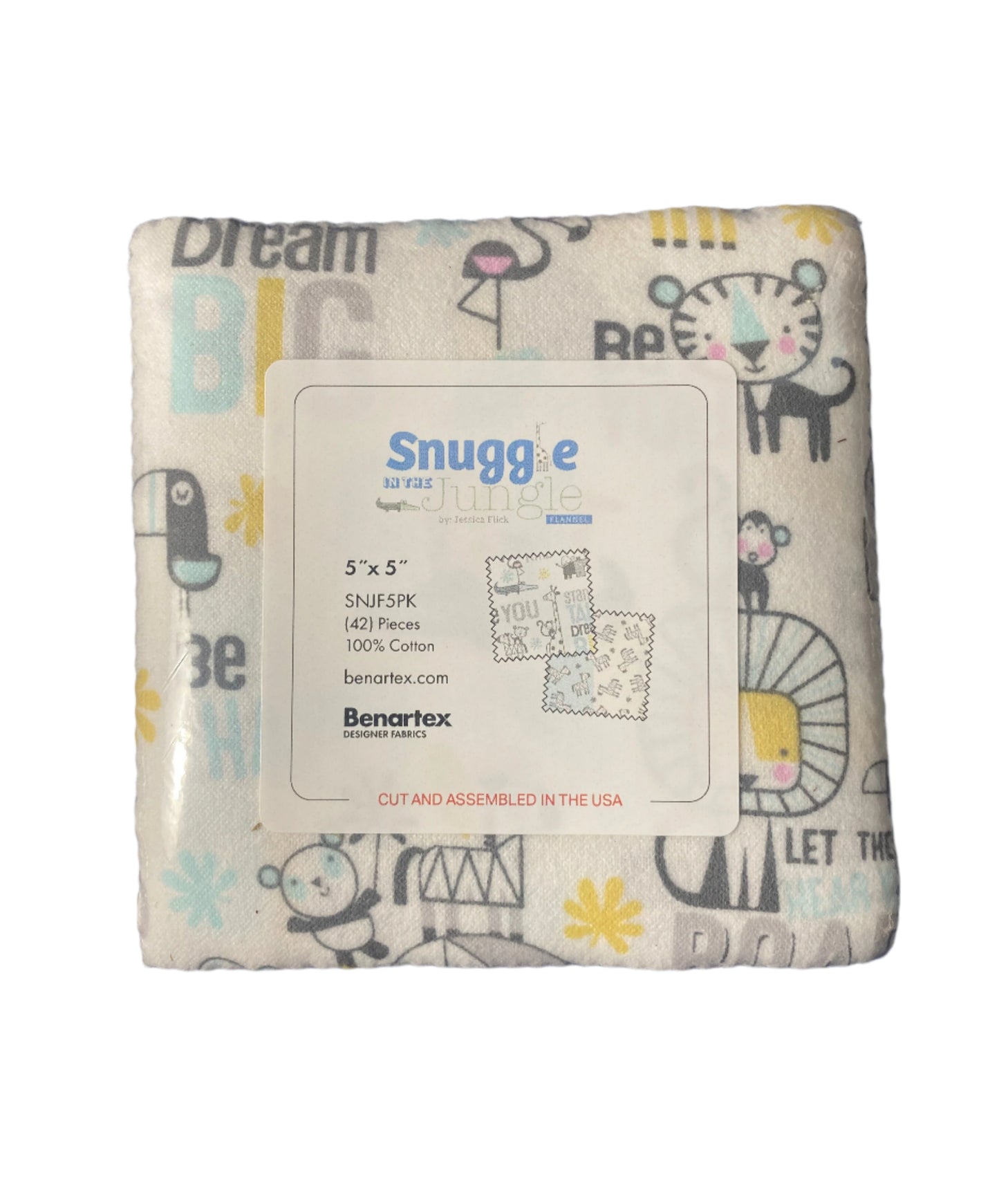 Precut Fabric Charm Pack - Snuggle in the Jungle Flannel by Jessica Flick for Benartex - 5" Fabric Squares