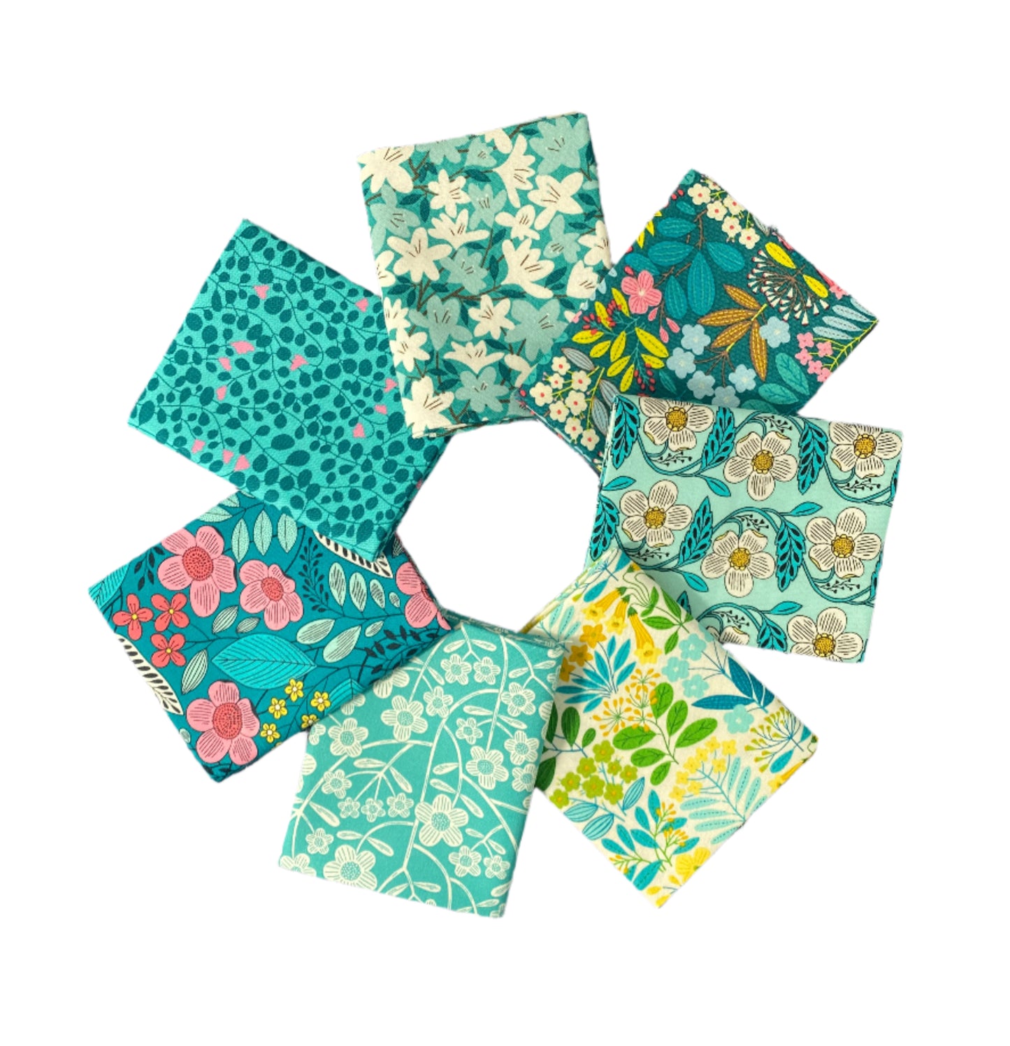 7 Teal Fabric Fat Quarter Bundle - From Blooming Color 2 by Wolff Paper for Benartex