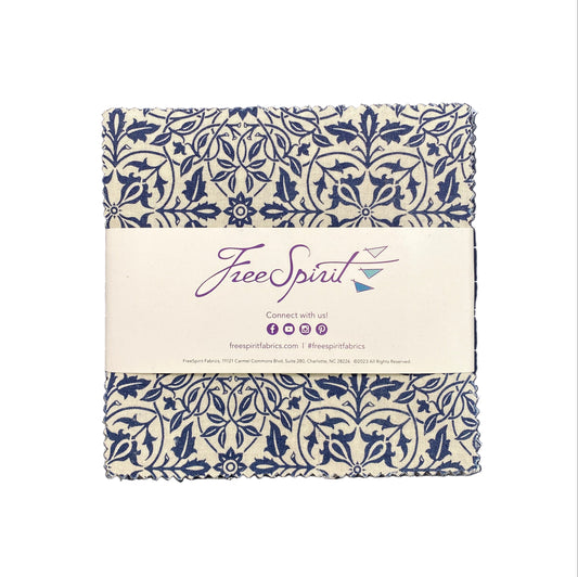 5" Quilt Fabric Charm Pack | Delft Blue and Green Quilting Fabrics | 42 Pieces