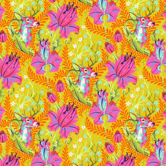 Bright Pink Green Gold Deer John Quilt Fabric | Tula Pink Tiny Beasts | 100% Cotton Fabric