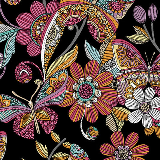 43-44" Wide RAINBOW GARDEN Black/Multi Quilt Fabric by Valentina Harper for Benartex - Sold by the Yard