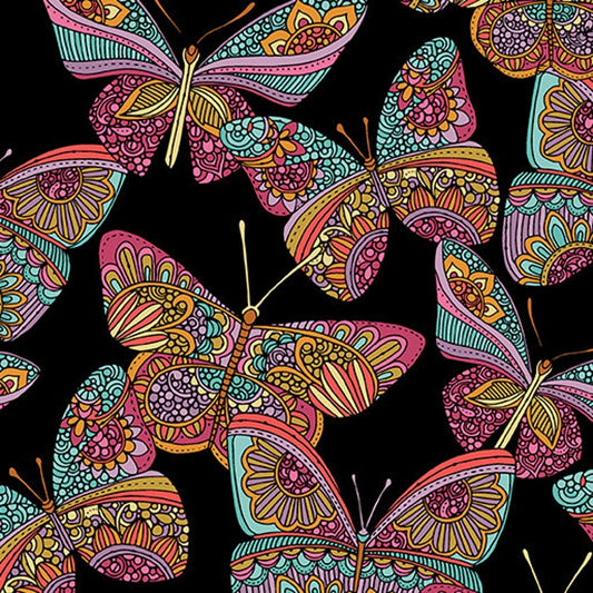 43-44" Wide RAINBOW BUTTERFLIES Black/Multi Quilt Fabric by Valentina Harper for Benartex - Sold by the Yard