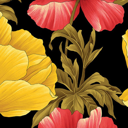 43-44" Wide FLOWER FESTIVAL II Poppies on Black Quilt Fabric Designed by Benartex Studio - Sold by the Yard