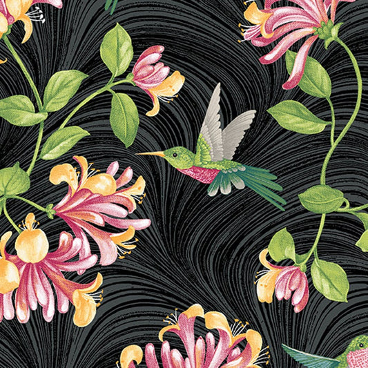 43-44" Wide TRADITIONS HUMMINGBIRDS & HONEYSUCKLE Black Multi Quilt Fabric by Jackie Robinson for Benartex - Sold by the Yard