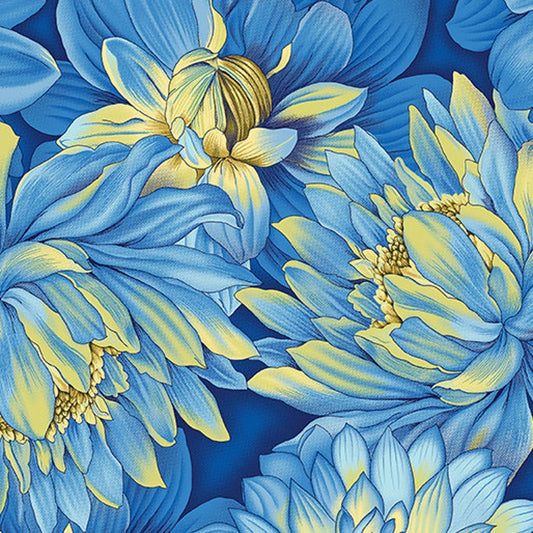 43-44" Wide FLOWER FESTIVAL II Dahlia Blue Quilt Fabric Designed by Benartex Studio - Sold by the Yard