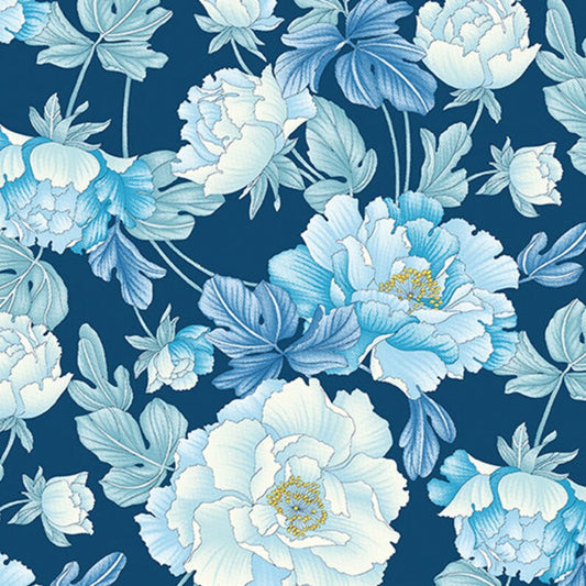 43-44" Wide VERANDA BIG FLORAL Dark Blue Quilt Fabric by Martha Campbell Pullen for Benartex - Sold by the Yard