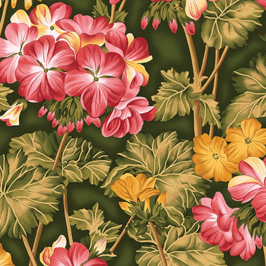 43-44" Wide FLOWER FESTIVAL II Forest Gold Geraniums Quilt Fabric Designed by Benartex Studio - Sold by the Yard