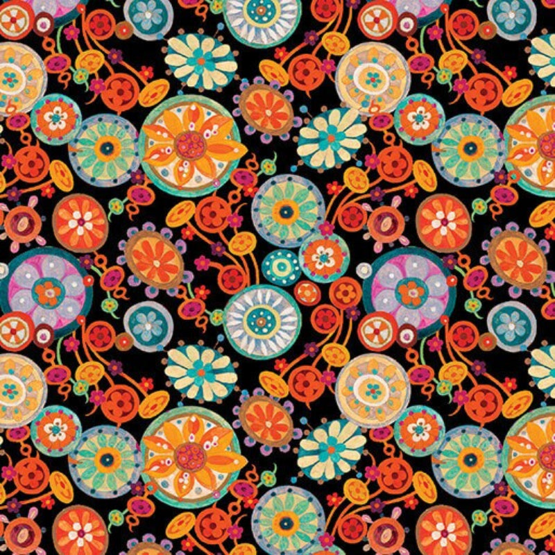 43-44" Wide SPIRALS & SWIRLS Black/Multi Quilt Fabric by Valentina Harper for Benartex - Sold by the Yard