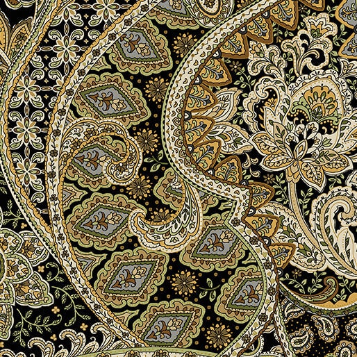 Quilt Backing 108" Wide Samsara Allover Collage Black-Multi by Benartex Studio - Beautiful Black, Green and Gold Paisley - Sold by the Yard
