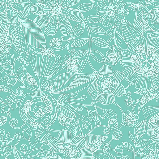 43-44" Wide GARDEN BLISS Turquoise and White Quilt Fabric by Valentina Harper for Benartex - Sold by the Yard