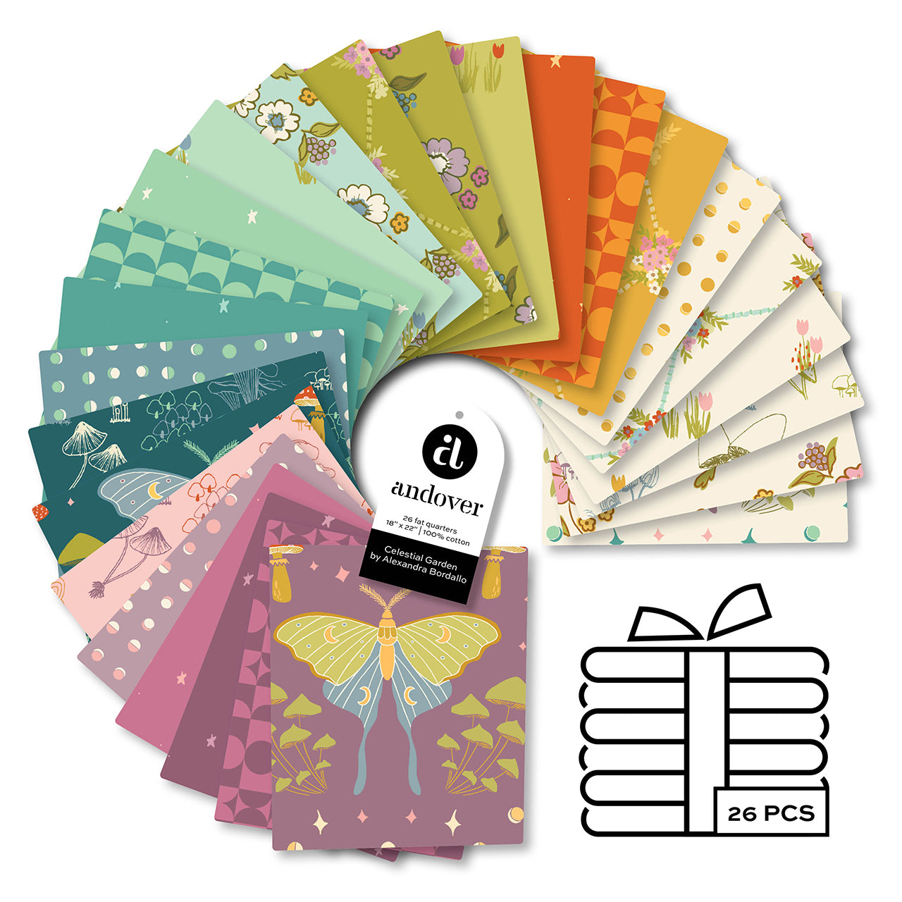 Precut Fabric Fat Quarter Pack Celestial Garden Collection by Alexandra Bordallo for Andover Fabrics - 26 Fat Quarters