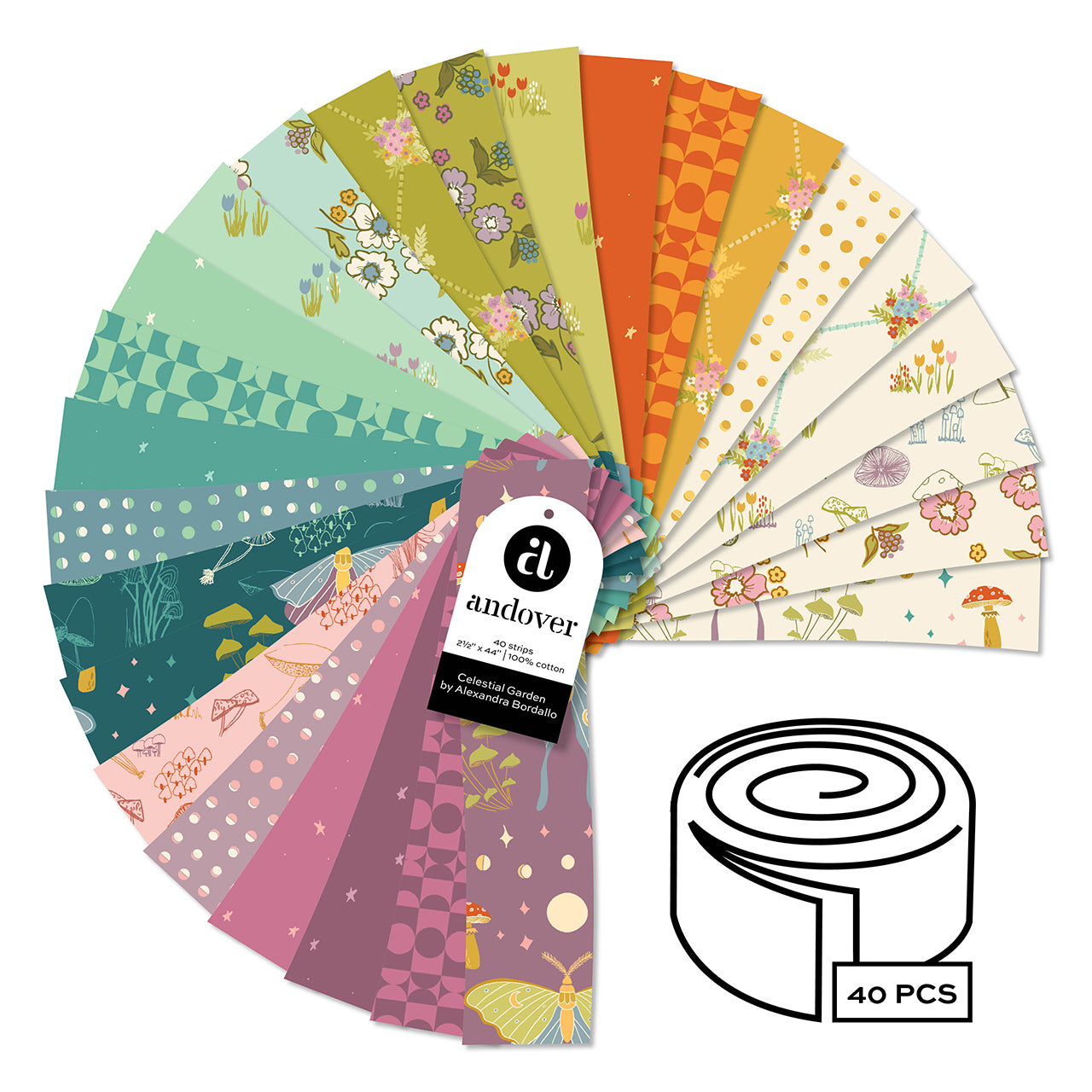 Jelly Roll Quilting Fabrics Celestial Garden | Andover - 2 1/2" Strips | 40 Pieces