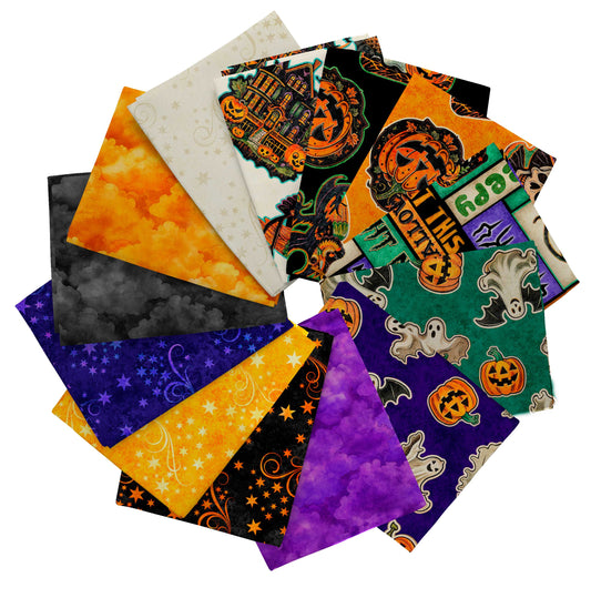 Precut Fabric Fat Quarters Happy Haunting by Morris Creative Group for QT Fabrics - 13 Fat Quarters