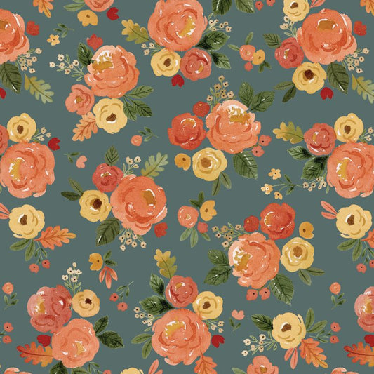 1 Yard Orange and Gold Floral Precut Happy Fall Days Collection by Kelsey Carlson for Riley Blake Designs - 1 Yard Cut