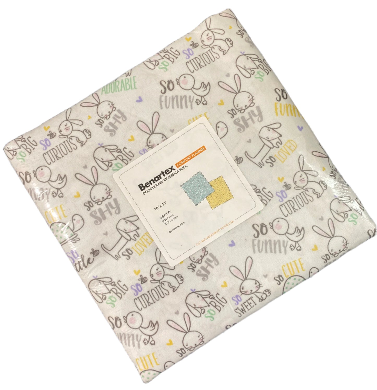 Layer Cake DOODLE BABY Flannel by Jessica Flick for Benartex - 10" Quilt Fabric Squares