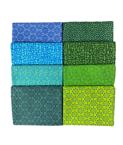 8 Fabric Fat Quarter Bundle - Green and Blue Transparency Collection by Modern Quilt Studio for Benartex Contempo