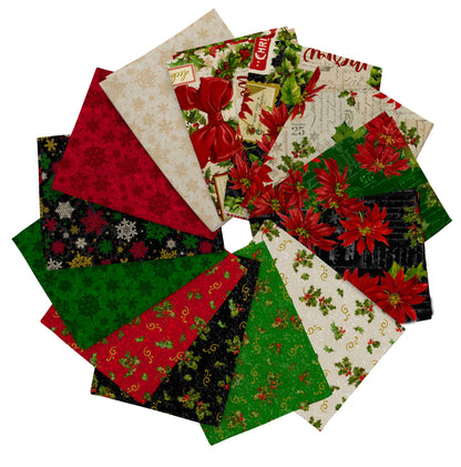 Precut Fabric Fat Quarters Poinsettia Greeting by Tina Higgins for QT Fabrics - 13 Fat Quarters