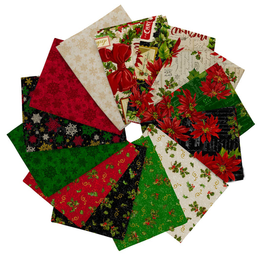 Precut Fabric Fat Quarters Poinsettia Greeting by Tina Higgins for QT Fabrics - 13 Fat Quarters