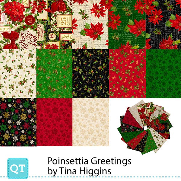 Precut Fabric Fat Quarters Poinsettia Greeting by Tina Higgins for QT Fabrics - 13 Fat Quarters
