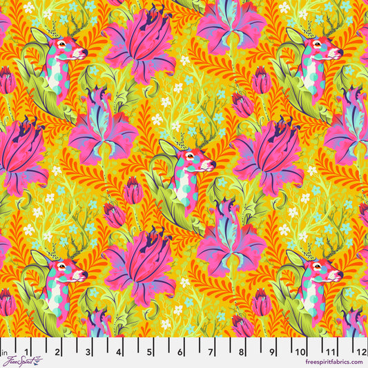 Bright Pink Green Gold Deer John Quilt Fabric | Tula Pink Tiny Beasts | 100% Cotton Fabric