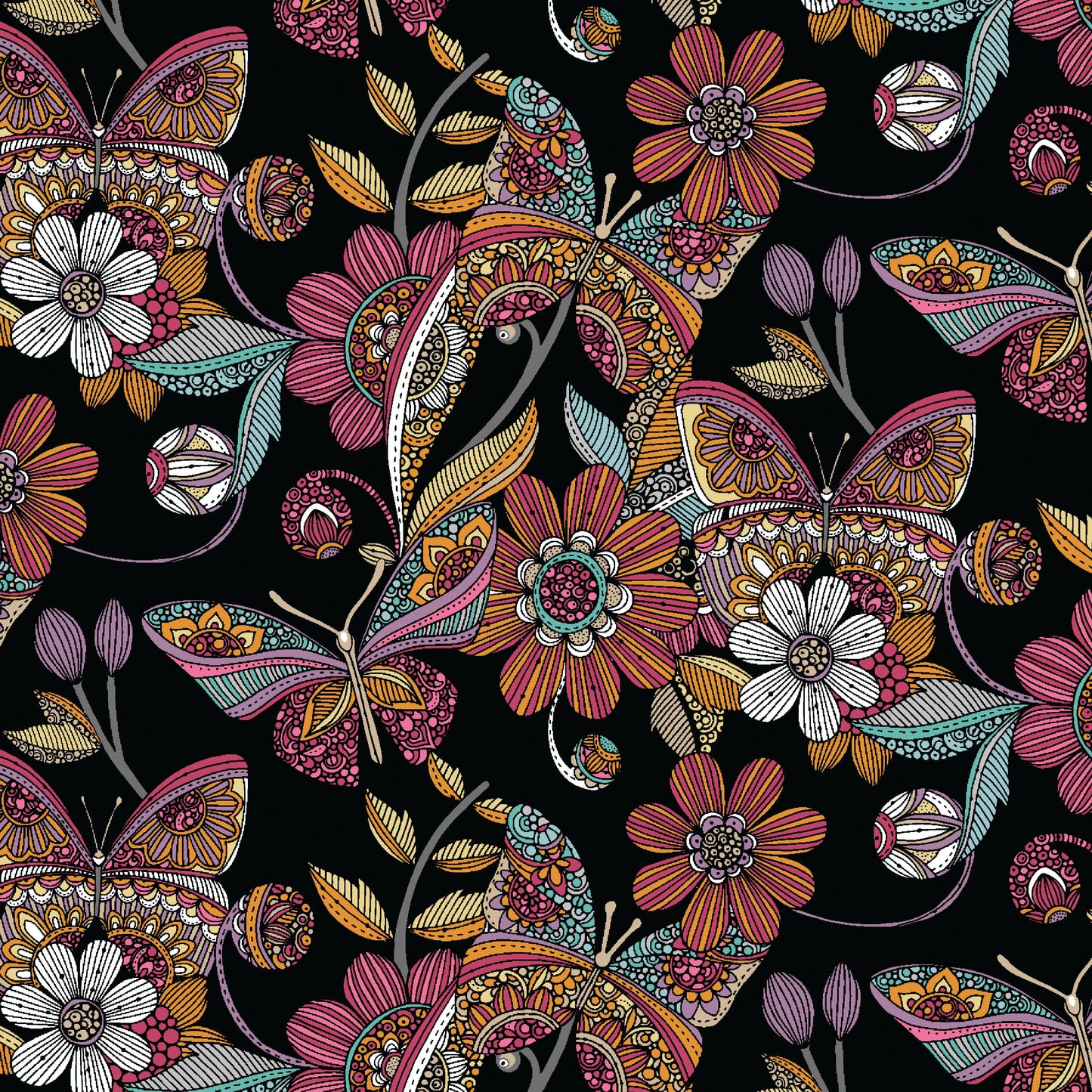 43-44" Wide RAINBOW GARDEN Black/Multi Quilt Fabric by Valentina Harper for Benartex - Sold by the Yard