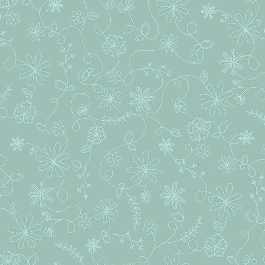 43-44" Wide VINTAGE FLORA Aqua Floral Swirl Quilt Fabric by Kimberbell for Maywood Studio - Sold by the Yard