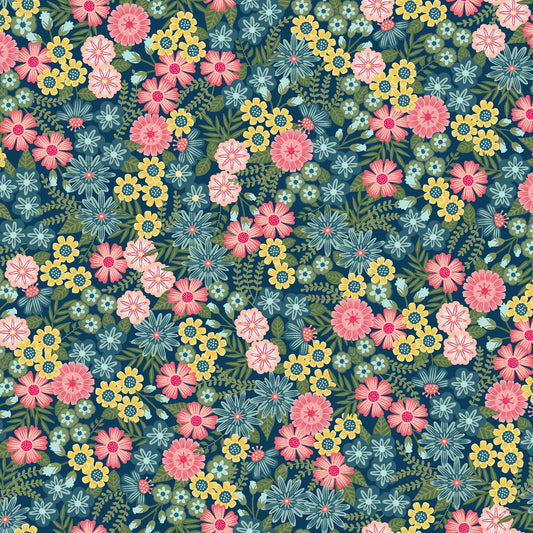 43-44" Wide VINTAGE FLORA Dark Blue Ground Cover Floral Quilt Fabric by Kimberbell for Maywood Studio - Sold by the Yard