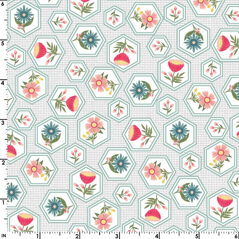 43-44" Wide VINTAGE FLORA Gray Honeycomb Flower Quilt Fabric by Kimberbell for Maywood Studio - Sold by the Yard