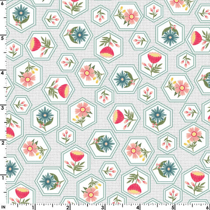 43-44" Wide VINTAGE FLORA Gray Honeycomb Flower Quilt Fabric by Kimberbell for Maywood Studio - Sold by the Yard