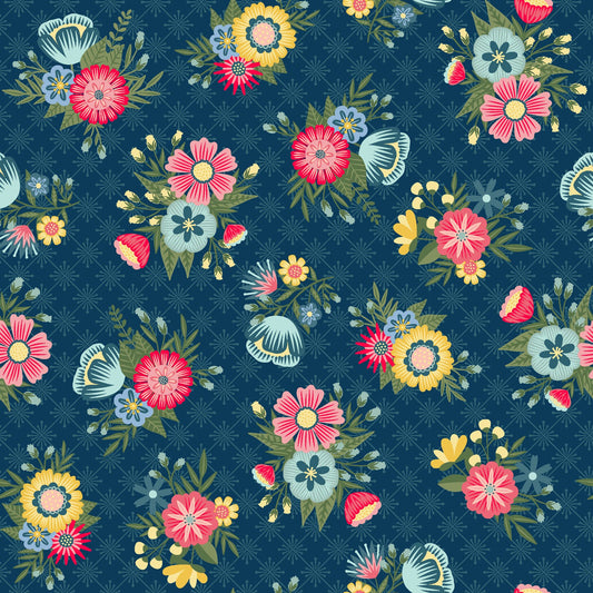 43-44" Wide VINTAGE FLORA Dark Blue Lattice Floral Quilt Fabric by Kimberbell for Maywood Studio - Sold by the Yard