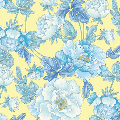 43-44" Wide VERANDA BIG FLORAL Yellow and Light Blue Quilt Fabric by Martha Campbell Pullen for Benartex - Sold by the Yard