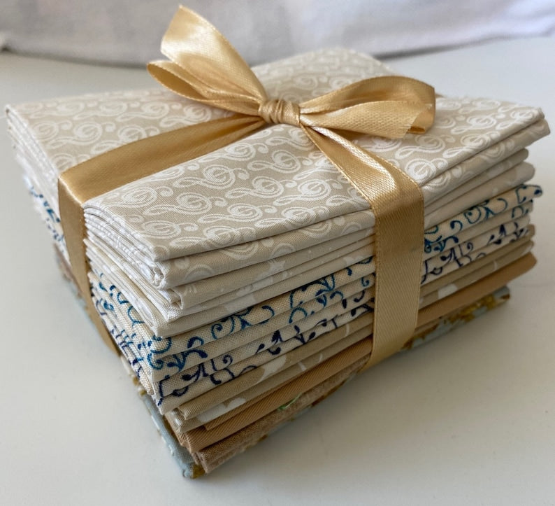 9 Tan and Blue Fat Quarter Fabric Bundle from Benartex - 9 Different Fat Quarters