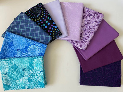 Fat Quarter Blue and Purple Fabric Bundle from Benartex - 10 Different Fat Quarters