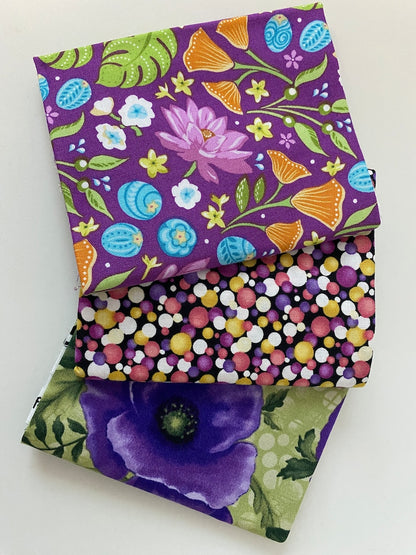 Green and Purple Fabric Fat Quarter Bundle from Benartex - 3 Different Fat Quarters