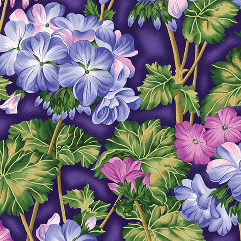 43-44" Wide FLOWER FESTIVAL II Fuchsia Cobalt Geraniums Quilt Fabric Designed by Benartex Studio - Sold by the Yard