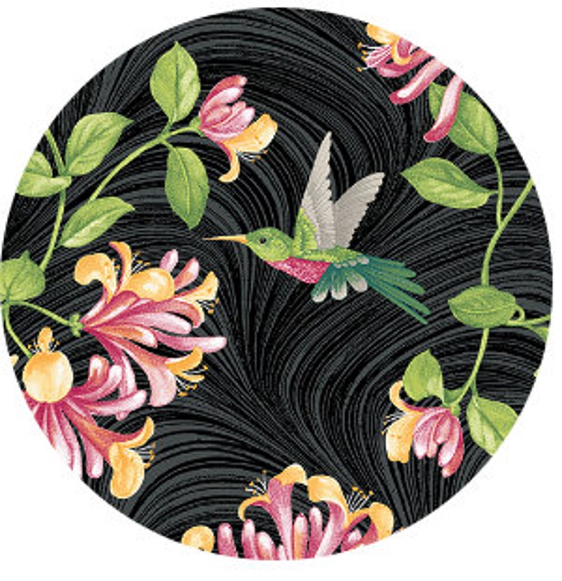 43-44" Wide TRADITIONS HUMMINGBIRDS & HONEYSUCKLE Black Multi Quilt Fabric by Jackie Robinson for Benartex - Sold by the Yard