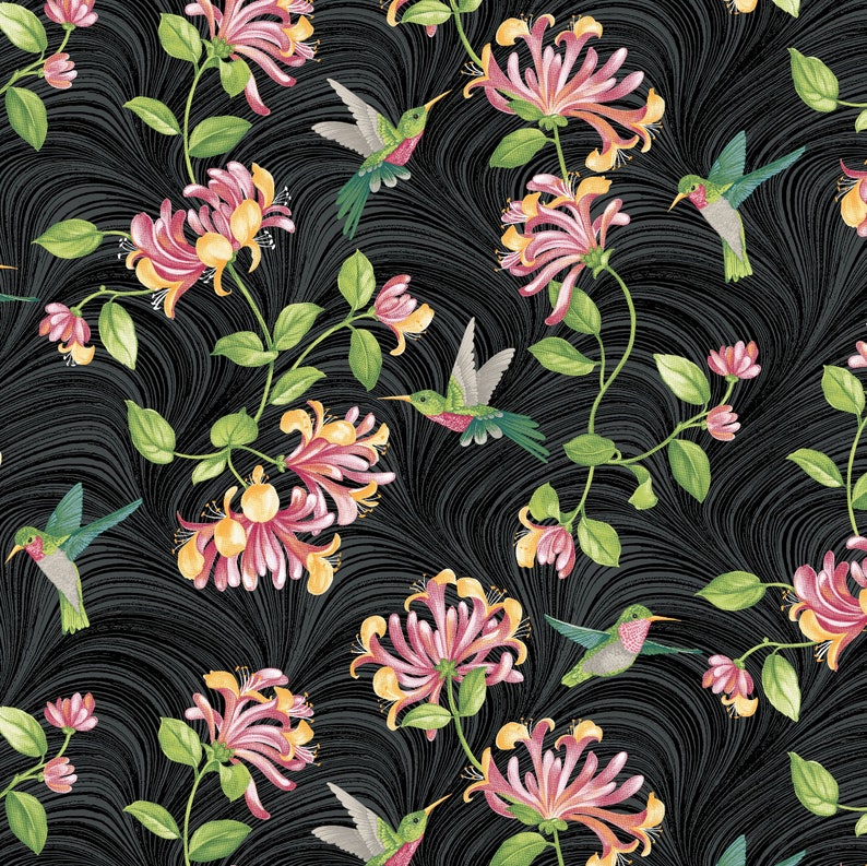 43-44" Wide TRADITIONS HUMMINGBIRDS & HONEYSUCKLE Black Multi Quilt Fabric by Jackie Robinson for Benartex - Sold by the Yard