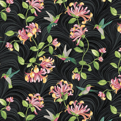 43-44" Wide TRADITIONS HUMMINGBIRDS & HONEYSUCKLE Black Multi Quilt Fabric by Jackie Robinson for Benartex - Sold by the Yard