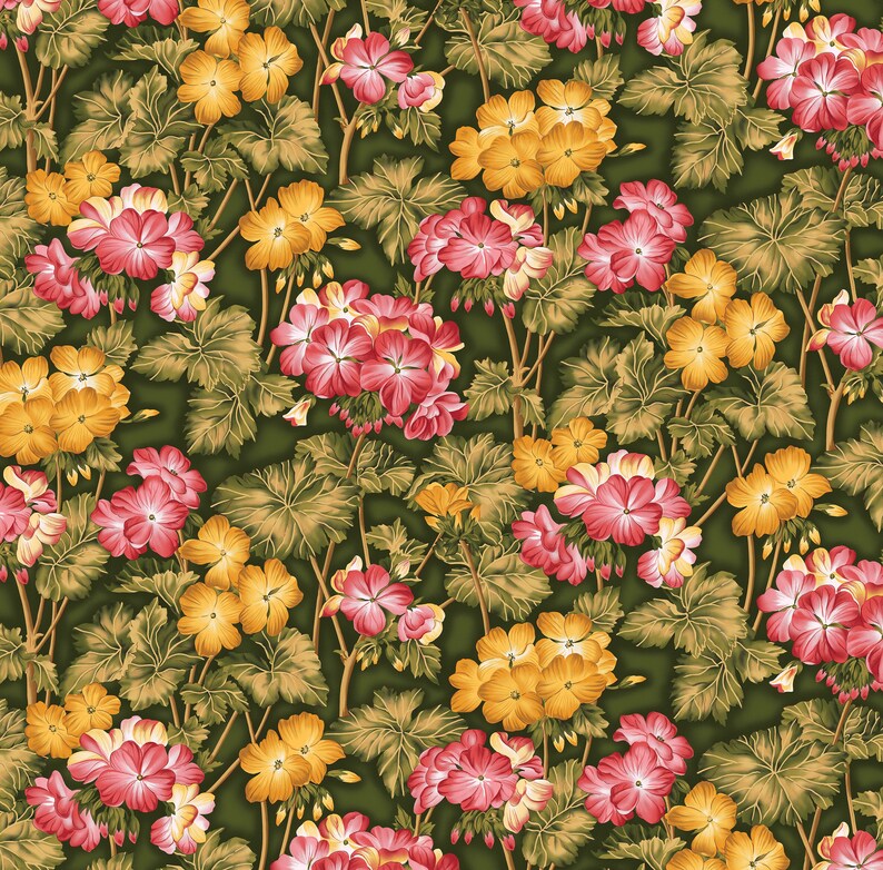 43-44" Wide FLOWER FESTIVAL II Forest Gold Geraniums Quilt Fabric Designed by Benartex Studio - Sold by the Yard