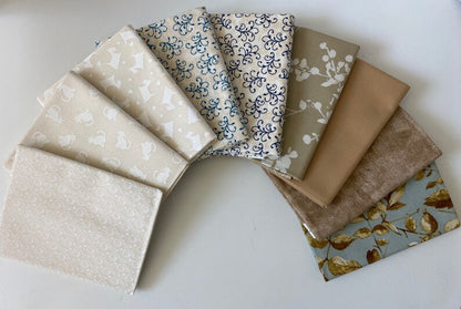 9 Tan and Blue Fat Quarter Fabric Bundle from Benartex - 9 Different Fat Quarters