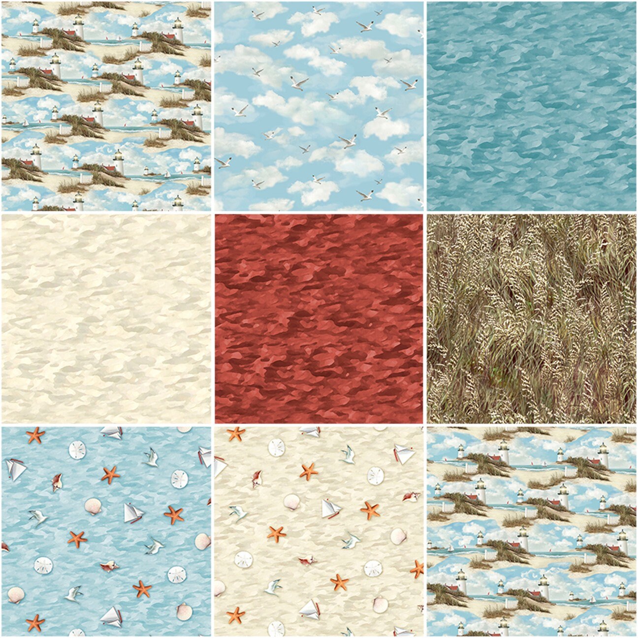 Fabric Fat Quarter By The Peaceful Shore by P & B Textiles - 8 Different Fat Quarters + One Large Panel