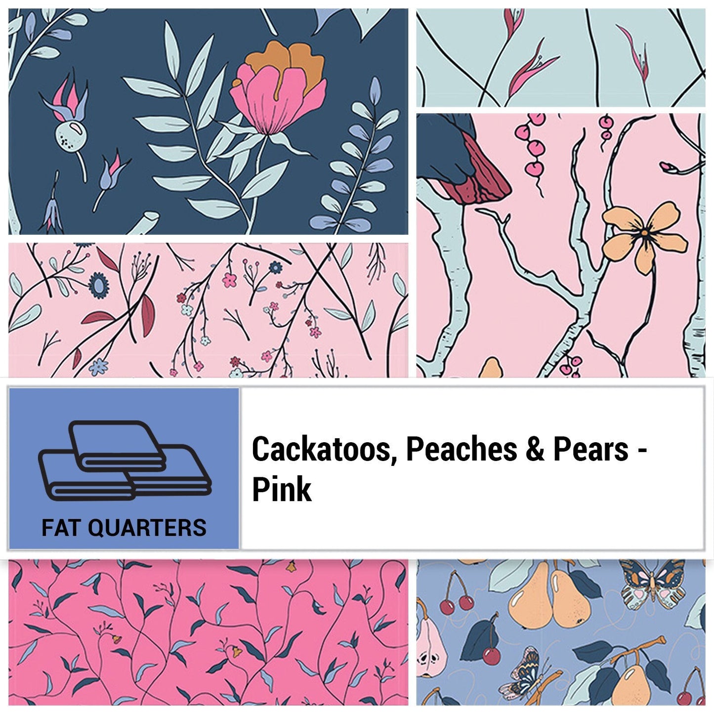 Fabric Fat Quarter Cockatoos, Peaches & Pears PINK by Paintbrush Studio - 6 Different Fat Quarters