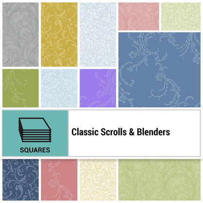 Fabric Layer Cake Classic Scrolls & Blenders by Jackie Robinson of Animas Quilts for Benartex - 10" Quilt Fabric Squares