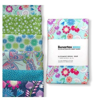 Fabric 6 Yard Bundle BLOOMING DENIM (BLUE) by Cherry Guidry for Benartex - Quilt Shop Quality - 6 Different 1 Yard Cuts