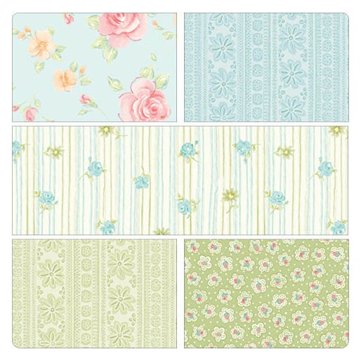 Fabric 5 Yard Bundle SWEET BABY ROSE (Blue) by Dover Hill for Benartex - Quilt Shop Quality - 5 Different 1 Yard Cuts