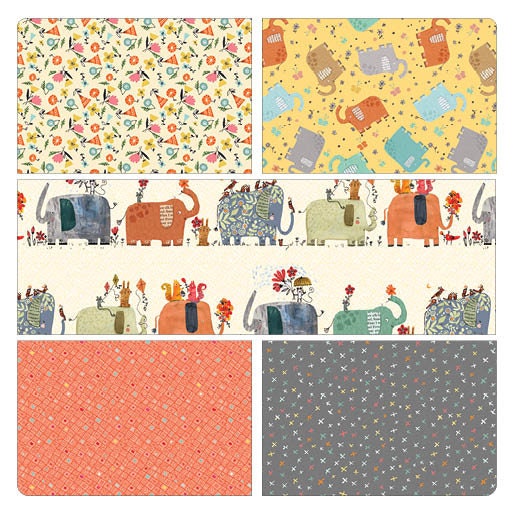 Fabric 5 Yard Bundle ELEPHANT JOY by Terry Runyan for Benartex - Quilt Shop Quality - 5 Different 1 Yard Cuts